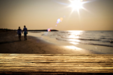 Fototapeta premium Summer desk of free space and blurred beach background 