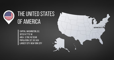 Fototapeta premium US Map with general information and flag in the map pin. Infographics design. Infographic template. vector illustration isolated on black background.