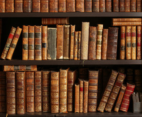old books on wooden shelf