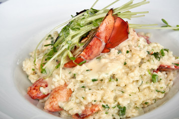 close up of lobster risotto in a white bowl topped with a half a grilled lobster tail
