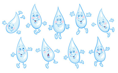 Set of funny drops of water in cartoon style. Isolated on white background. Vector illustration.