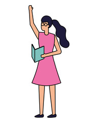 woman with document waving hand