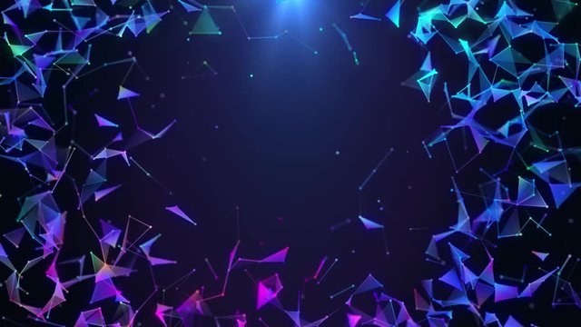 Poligonal neon network background. Abstract colorful triangular forms. Geometric motion design footage with low poly space. VJ backdrop for party, presentation or intro. 3D animation