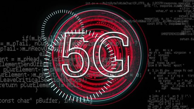 Program codes and 5G written in the middle of a futuristic circles