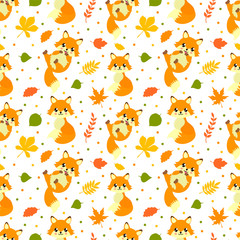 Cute little autumn fox seamless pattern. funny endless background, texture. Children's backdrop. Vector illustration