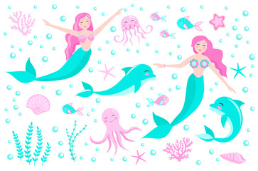 Obraz na płótnie Canvas Cute set of mermaid princess and dolphin, octopus, fish, jellyfish, coral. underwater world collection. vector