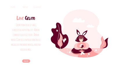 Cartoon girl with rabbit ears and gelato in nature. Happy summer card in trendy flat linear style. Vector web page template.