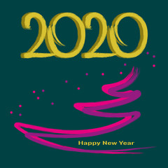 2020 gold brush painted on bright green background. Ultraviolet brush contour of New Year tree. Vector illustration for greeting card design for Christmas and New Year.