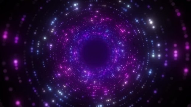Bright abstract wavy motion background. Neon ultraviolet lamps. Glowing points of the spiral tunnel. Bright bright points. laser light. Modern pink and blue color spectrum. Seamless loop 3d animation