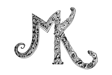M, K drawn letters with ornament. Vector illustration. hand drawing.