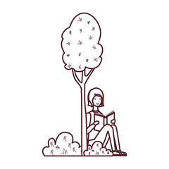 woman sitting with book in landscape with trees and plants