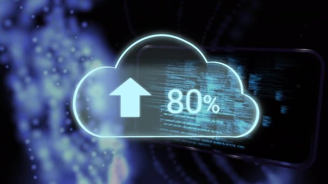 Upload progress clouds, glowing particle and digital screen with programs