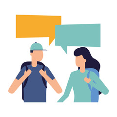 man and woman with backpack talk bubble