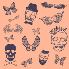 Boys patches collection. Vector tattoo of outline boys icons, such as crowned scull, death s-head, scull and bones, butterfly, birds and bat wings. Isolated on pink background.