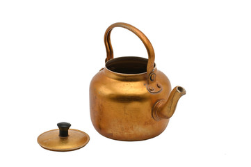 Golden metal kettle on a white background.Teapot.