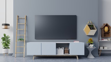 Smart TV on the dark blue wall in living room,minimal design,3d rendering