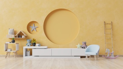 Fototapeta na wymiar Children's room with easel armchair and cabinet.Children's room with bright yellow color wall.3D rendering