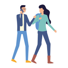 man using smartphone and woman with bag