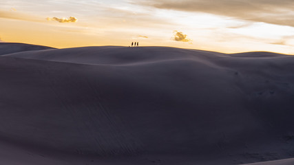 Fototapeta na wymiar 3 people and dog cross the great sand dunes