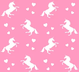 Wallpaper murals Unicorn Vector seamless pattern of white unicorn silhouette and hearts isolated on pink background