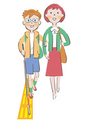 道路の安全を確認しながら歩く白杖を持った視覚弱者の男の子と誘導する女性 イラスト