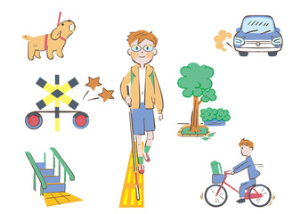 道路の安全を確認しながら歩く白杖を持った視覚弱者の男の子 イラスト