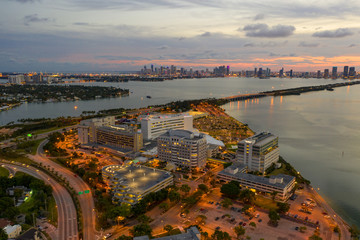 Beautiful twilight aerial Mount Sinai Hospital Medical Center Miami Beach