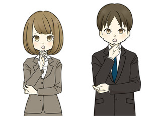 スーツ-顎に手を当てる女性・男性-困る