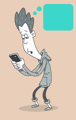 Nervous and worried cartoon man,  with creepy hair, typing on his cell phone