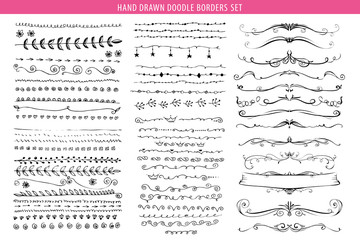 Hand drawn line, border, frame vector doodle design element set. Template for invitation or greeting card.