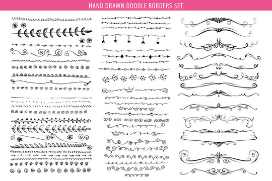 Hand drawn line, border, frame vector doodle design element set. Template for invitation or greeting card.