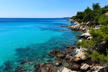 Fototapeta na wymiar Sithonia, Greece. Koviou beach. Summer, holiday, vacation vibes