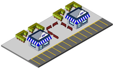 Lojas comerciais com jardim e estacionamento em isometria 3D