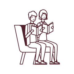 couple sitting on chair with book in hands