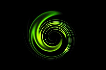 Glowing spiral tunnel with green light circle on black backdrop, abstract background