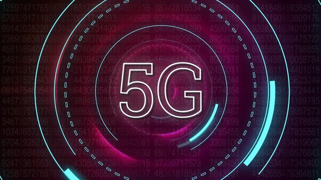Binary codes and 5G written in the middle of a futuristic circles