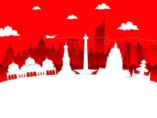 Vector red color Flat design, Illustration of Indonesia Icons, and landmarks. Travel concept.