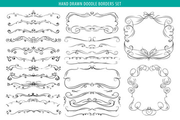 Hand drawn vector ornate swirl doodle vintage calligraphic design elements. Borders, frames, dividers set for wedding greeting and invitation card.