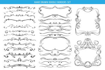 Hand drawn vector ornate swirl doodle vintage calligraphic design elements. Borders, frames, dividers set for wedding greeting and invitation card.