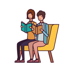 couple sitting on chair with book in hands