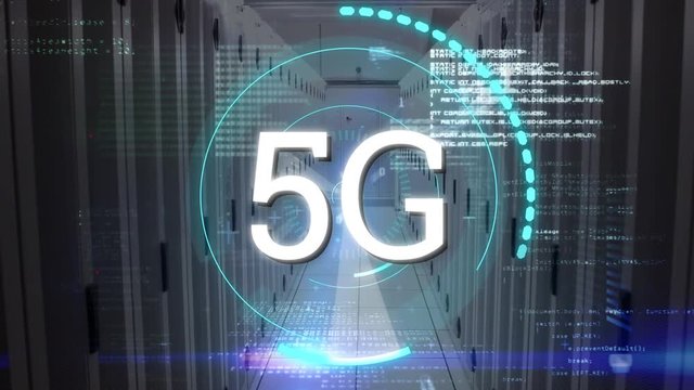 Program codes and 5G written in the middle of a futuristic circles