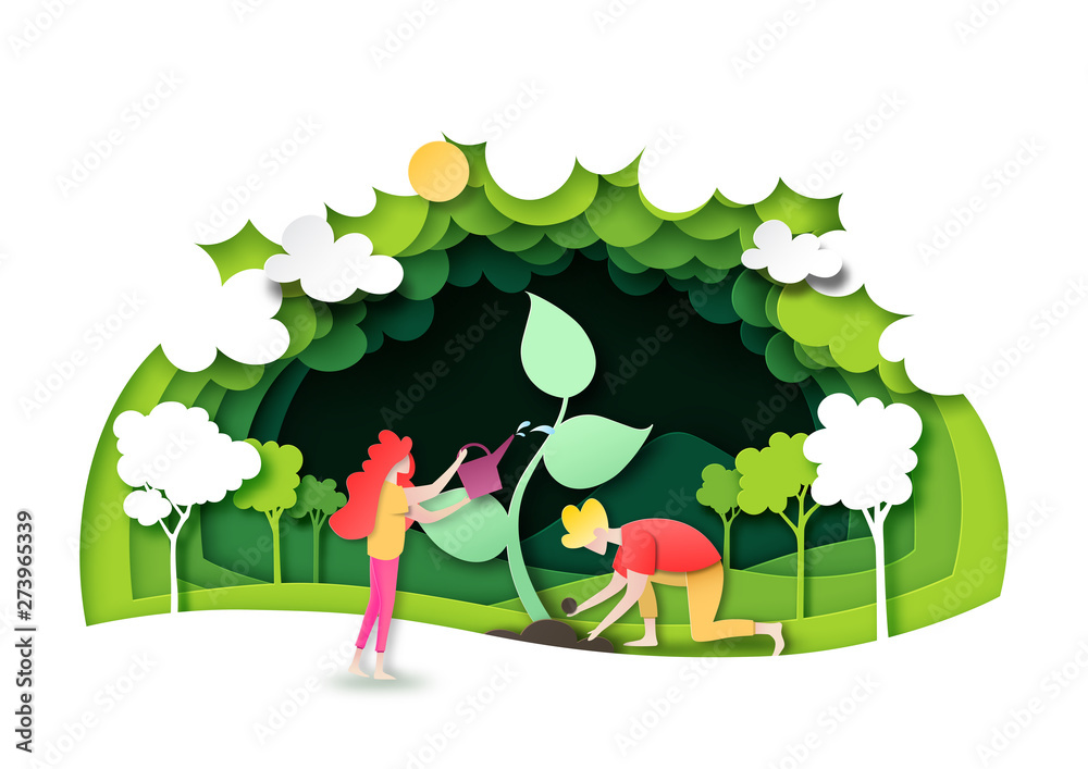 Poster save the world with ecology and environment conservation concept.people planting green forest with n