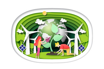 Paper art of environment and ecology conservation concept.People plant tree with green world on green layer background.Vector illustration.