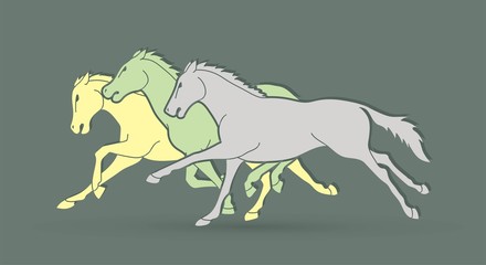 Group of three  horses running cartoon graphic vector