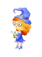 Cute red-haired witch isolated on a white background. Watercolor Painting. Halloween illustration.