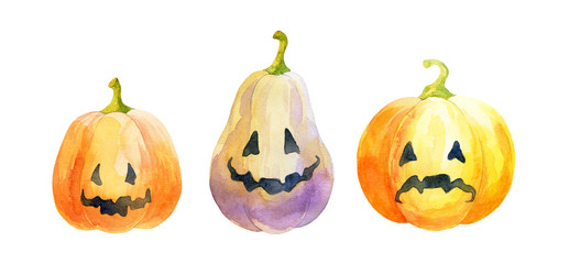 Funny pumpkins isolated on a white background. Watercolor Painting. Halloween set.