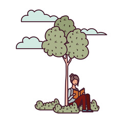 young woman in landscape with trees and plants