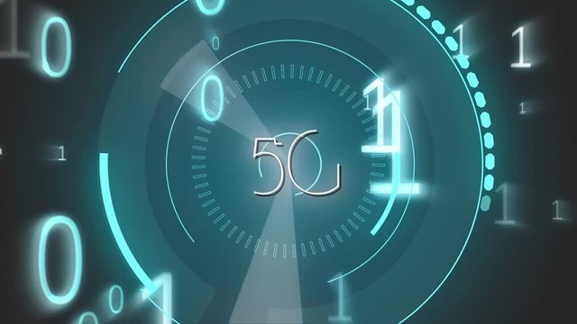 Binary codes and 5G written in the middle of a futuristic circles