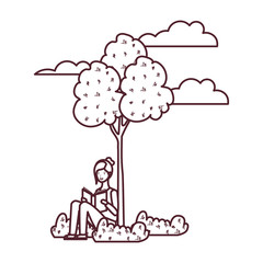 woman sitting with book in landscape with trees and plants