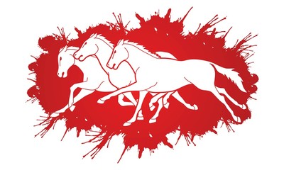Group of three seven horses running cartoon graphic vector